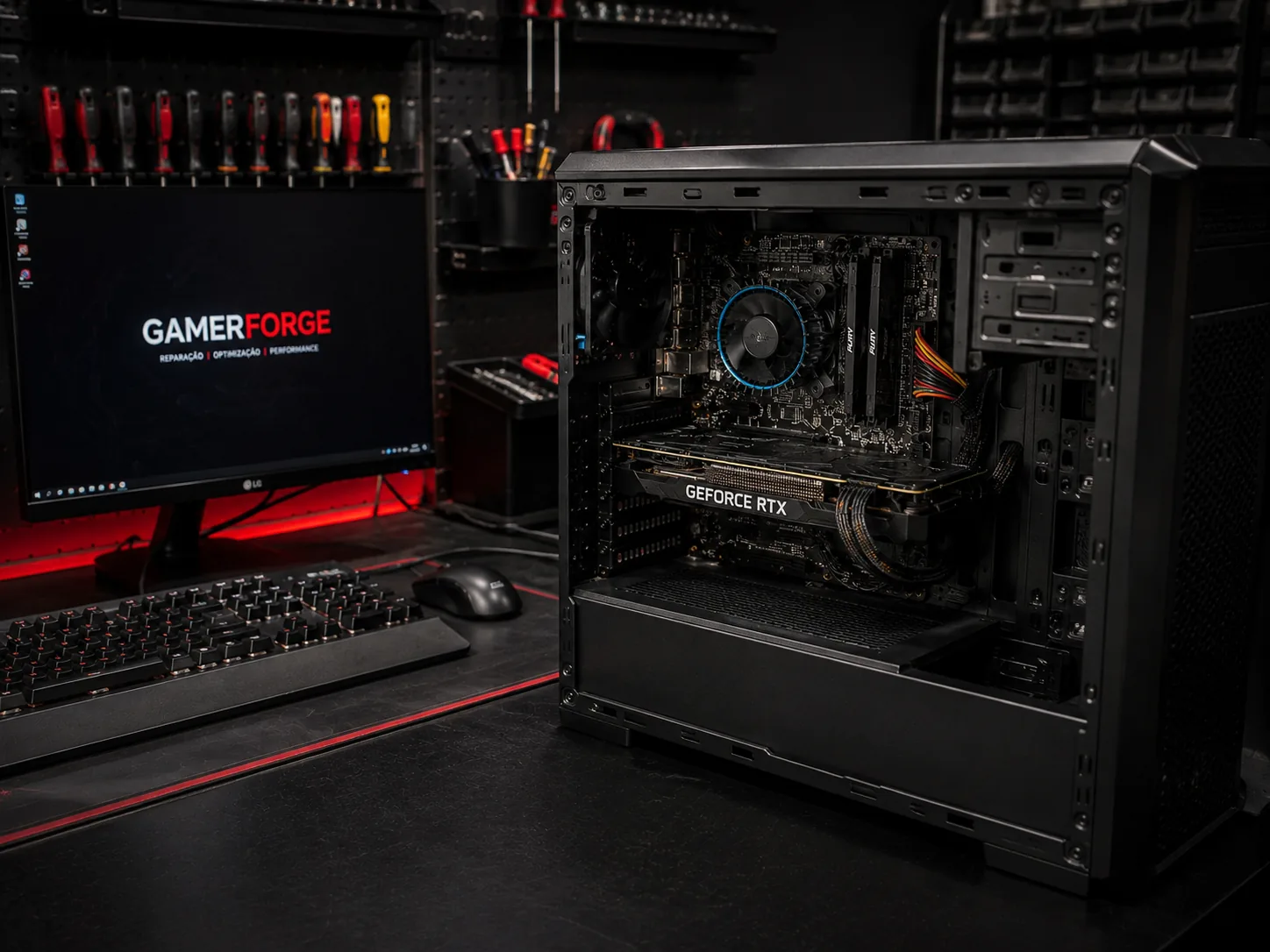 Bancada técnica GamerForge durante uma reparação