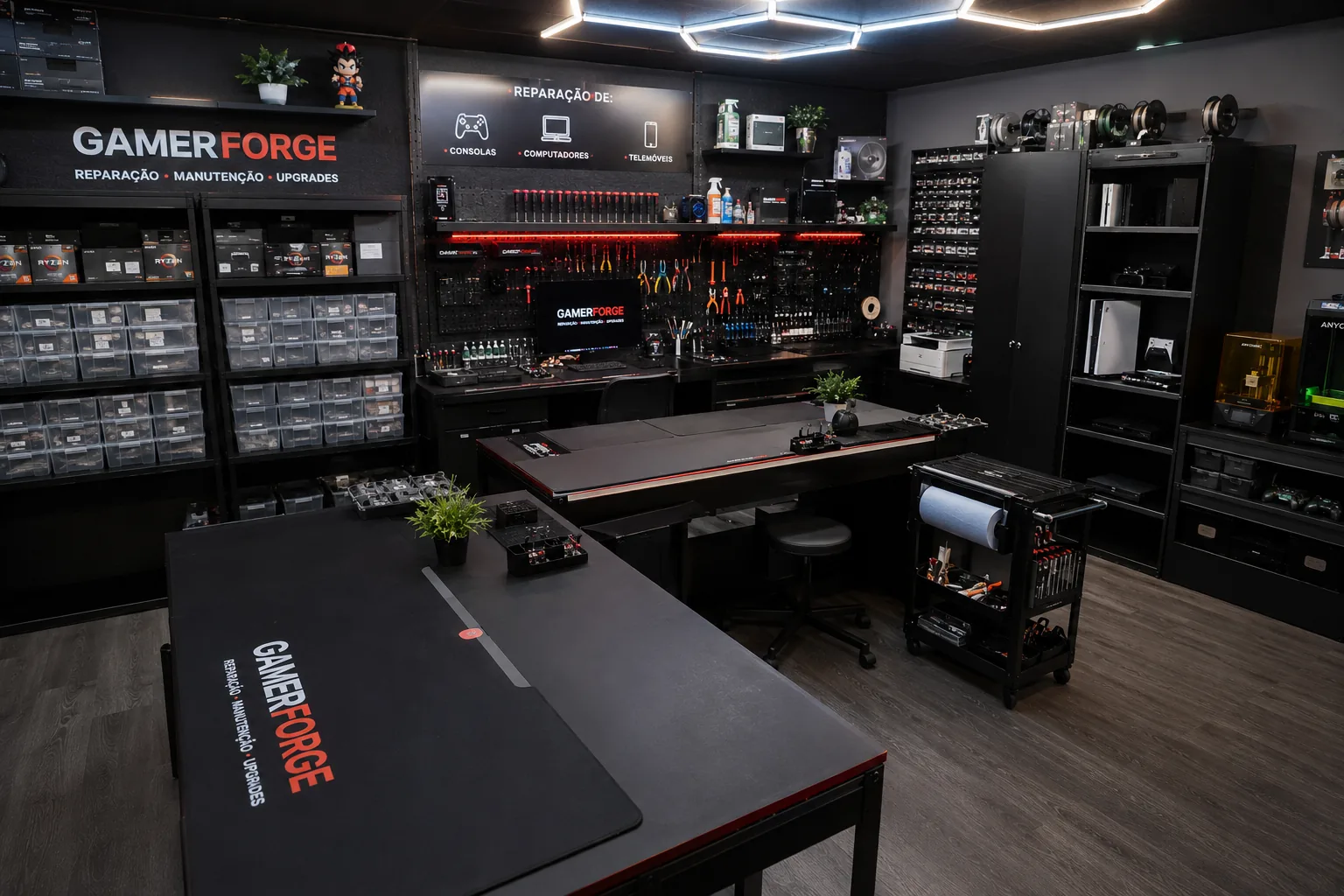 Oficina GamerForge e bancadas de trabalho
