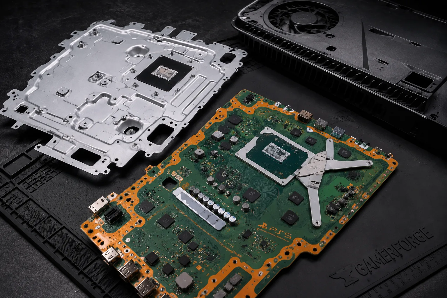 Motherboard de PlayStation 5 durante intervenção técnica