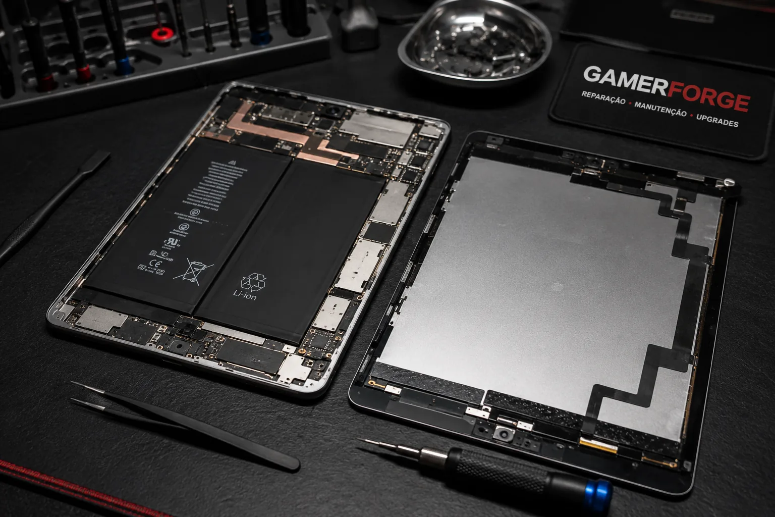 Tablet aberto para reparação interna